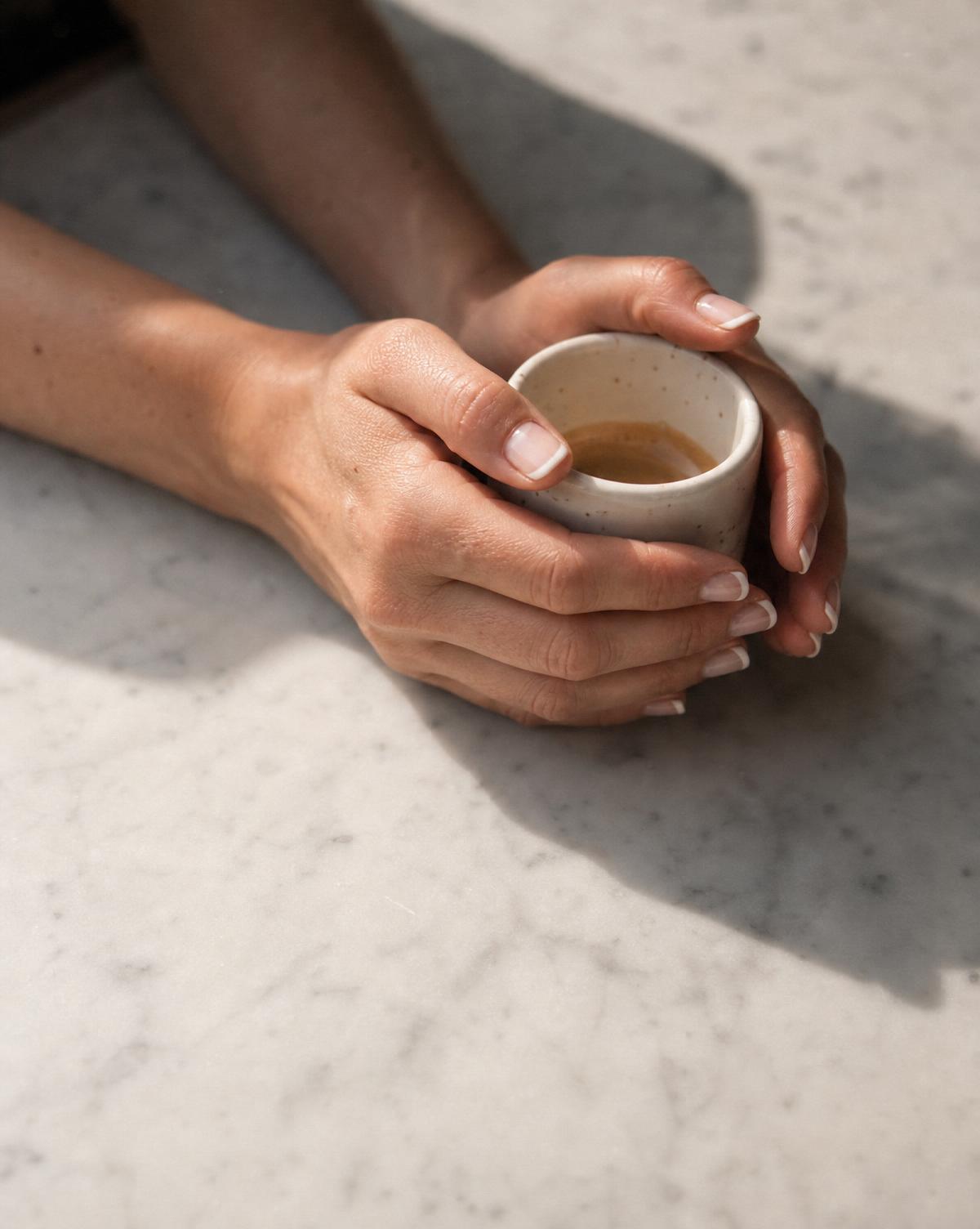 Delicate french manicure holding an espresso cup