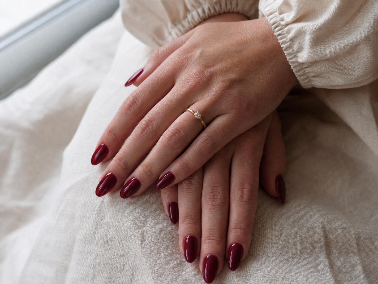 Woman's hands with glossy bordeaux gel manicure resting on cream linen