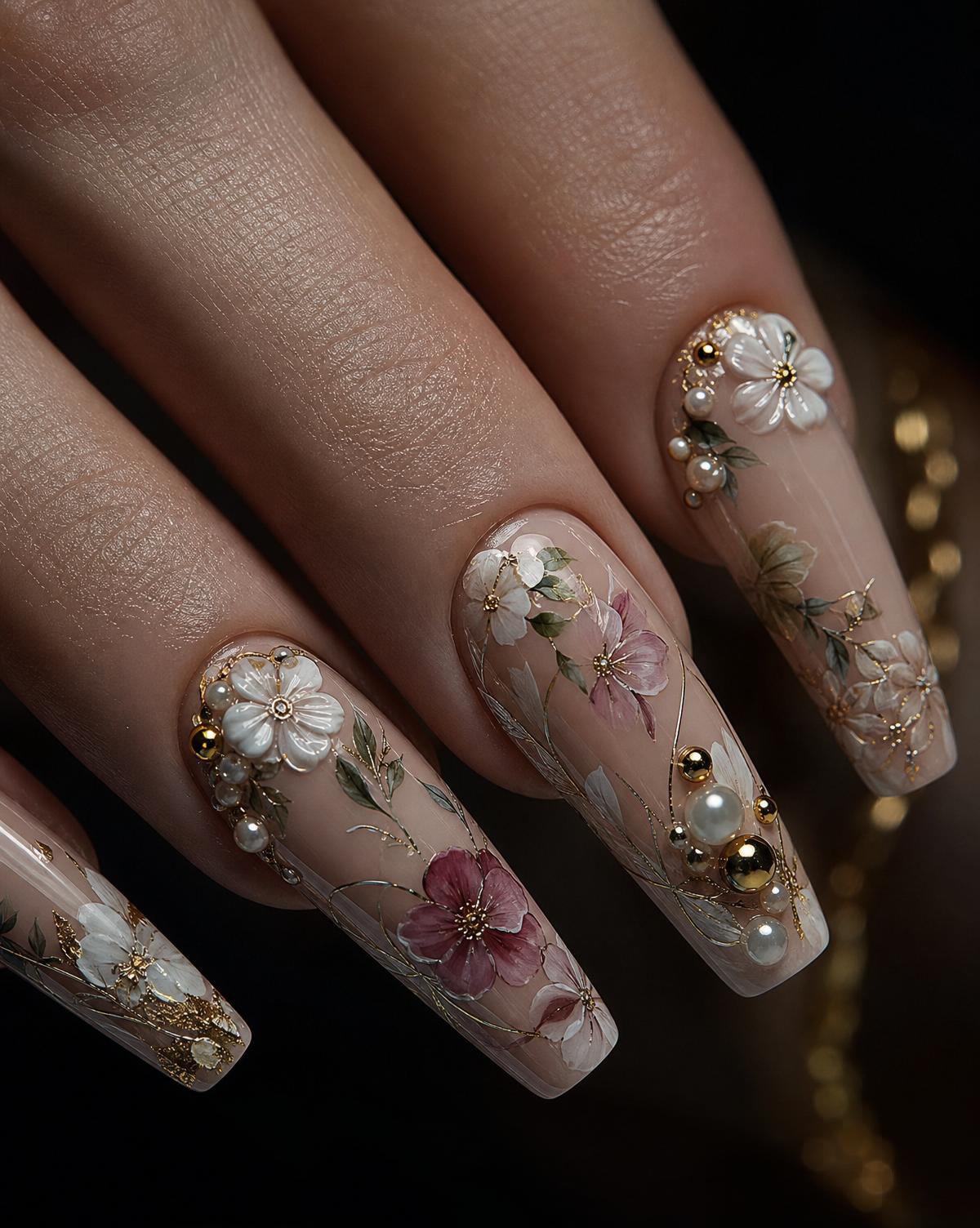 Long coffin nails with floral hand-painted art