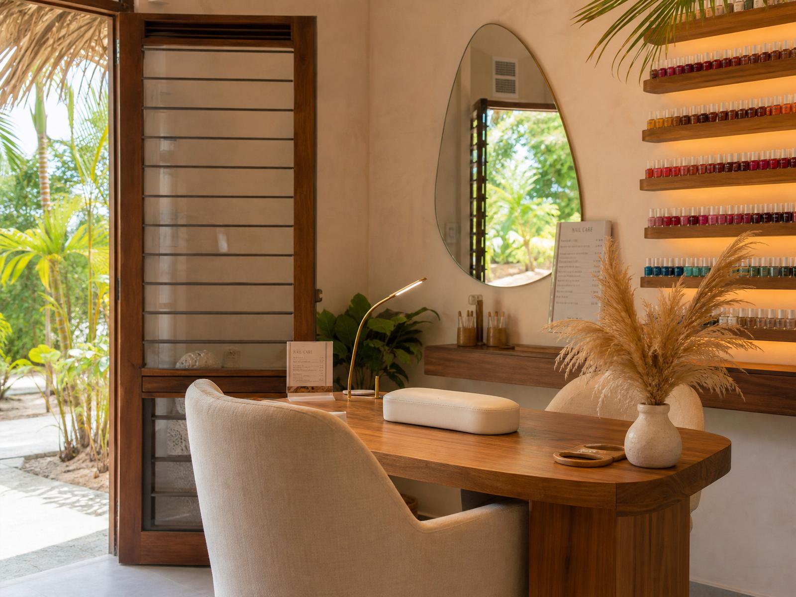 Cozy boutique nail studio in Curaçao with warm wood and polish wall